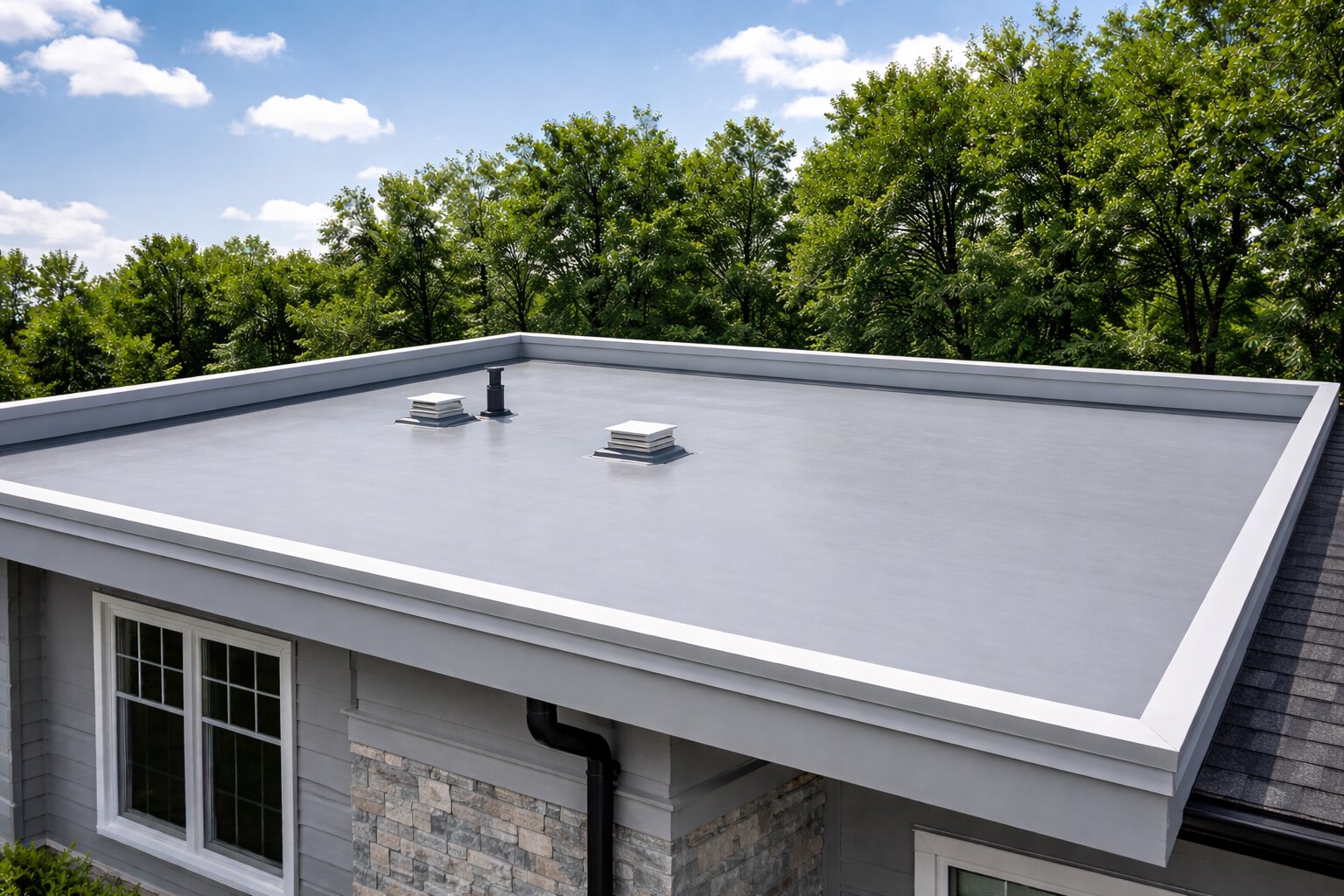 Flat roof on a house surrounded by green trees under a blue sky
