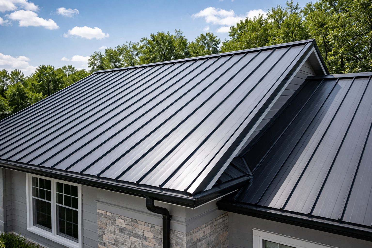 Gray metal roof with steep gable on a house, trees and blue sky behind