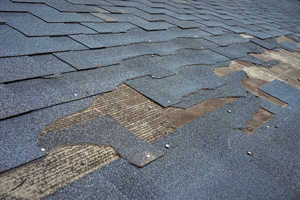 Damaged asphalt shingles missing on a roof, exposing underlayment