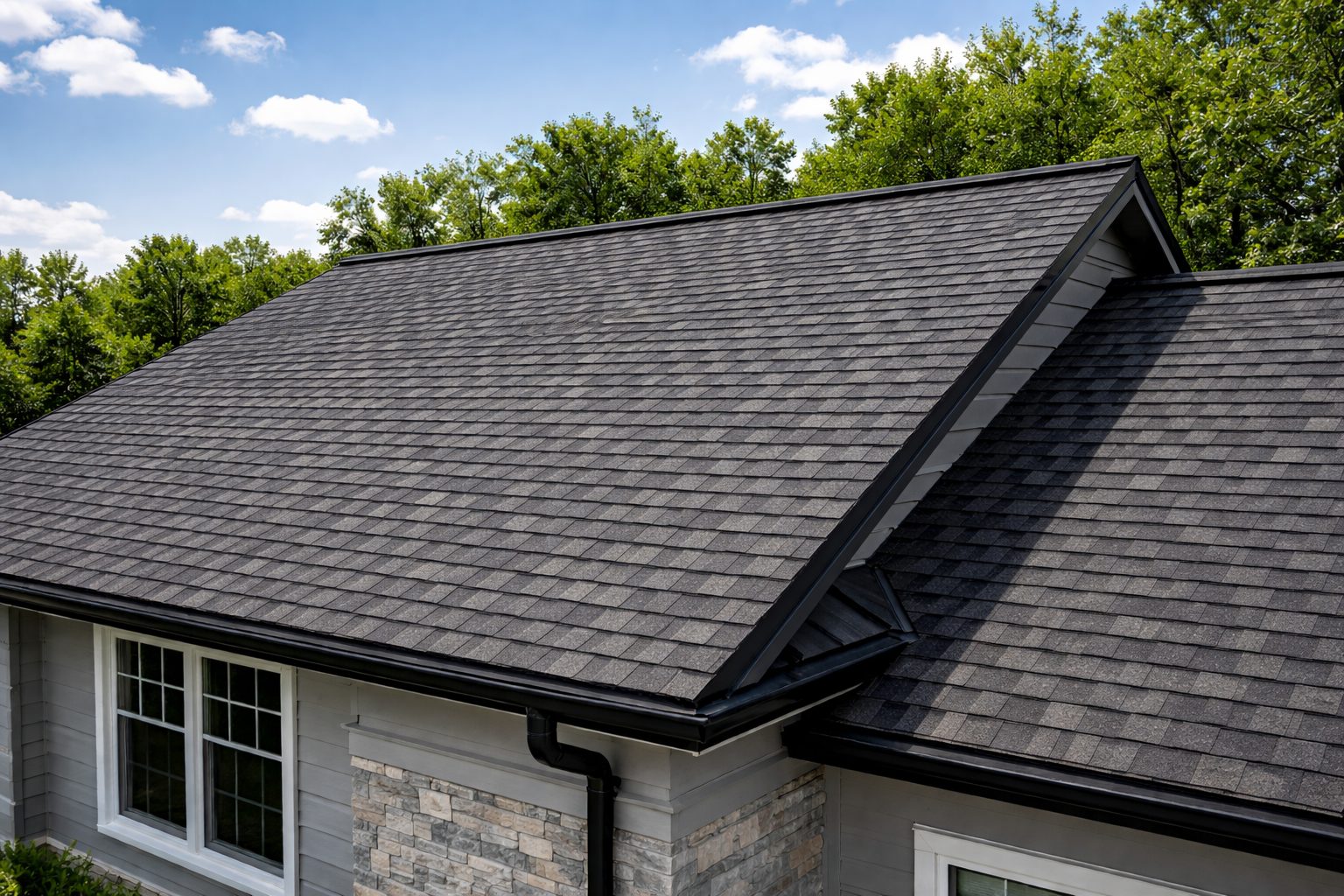 Dark shingle roof on a house with trees and blue sky in the background