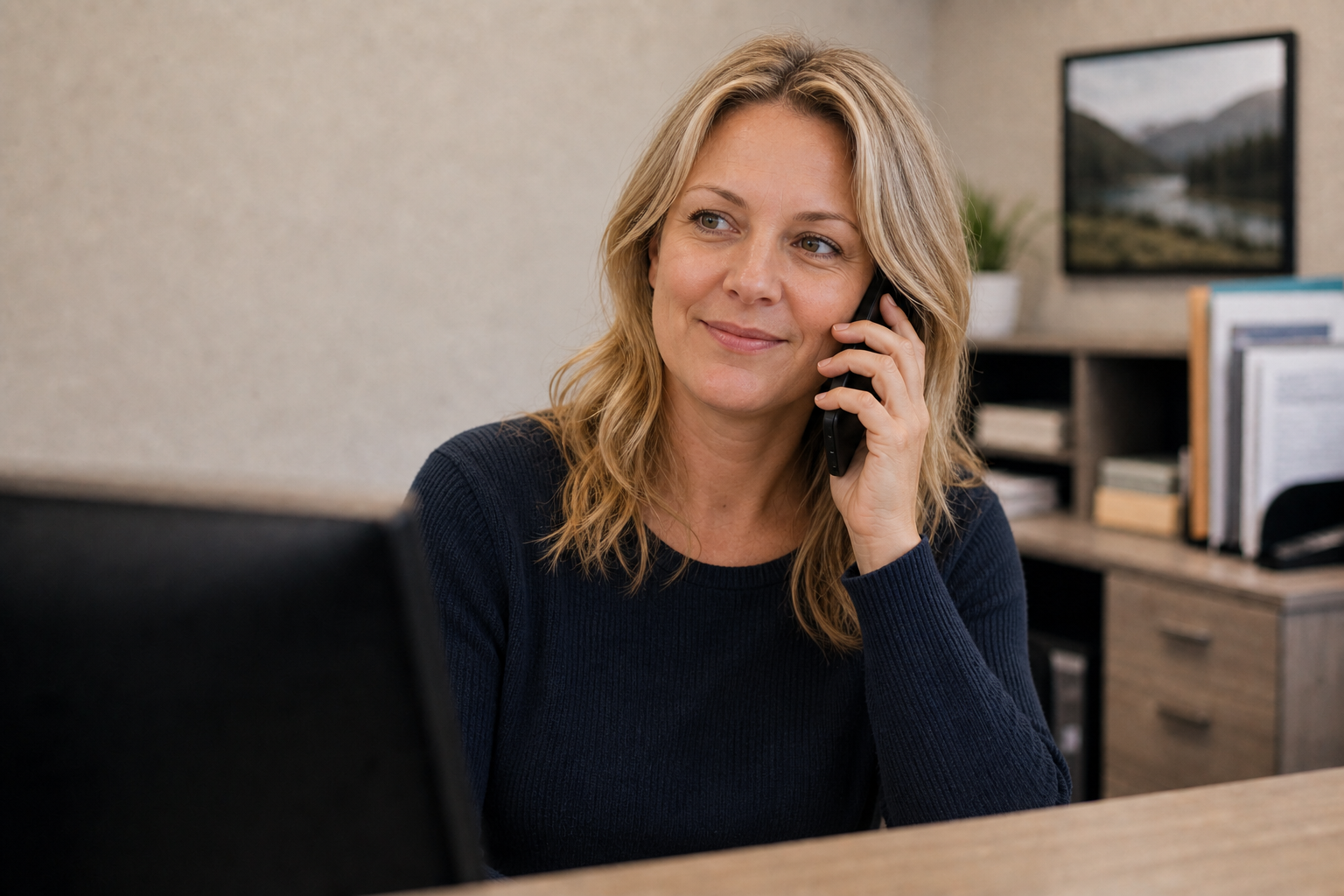 Woman smiling while talking on a phone at her office desk.